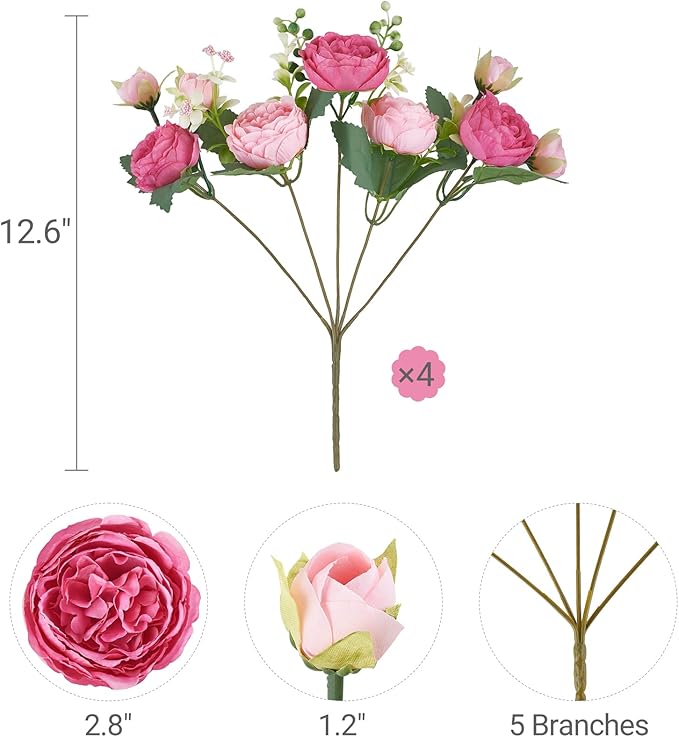 Mkono Peonies Artificial Flowers, Small Silk Flowers for Home Decor Indoor Fake Bouquet Faux Floral Arrangements Dining Table Centerpieces for Kitchen Party Decor Mixed Pink