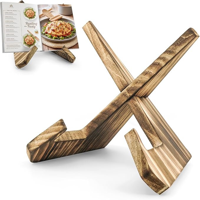HAOIOKCS Premium Cookbook Stand, The Surface of The Cookbook Holder Features The Natural Grain of Wood, Cook Book Stand for Kitchen Counter, Rustic Brown Recipe Book Holder Stand