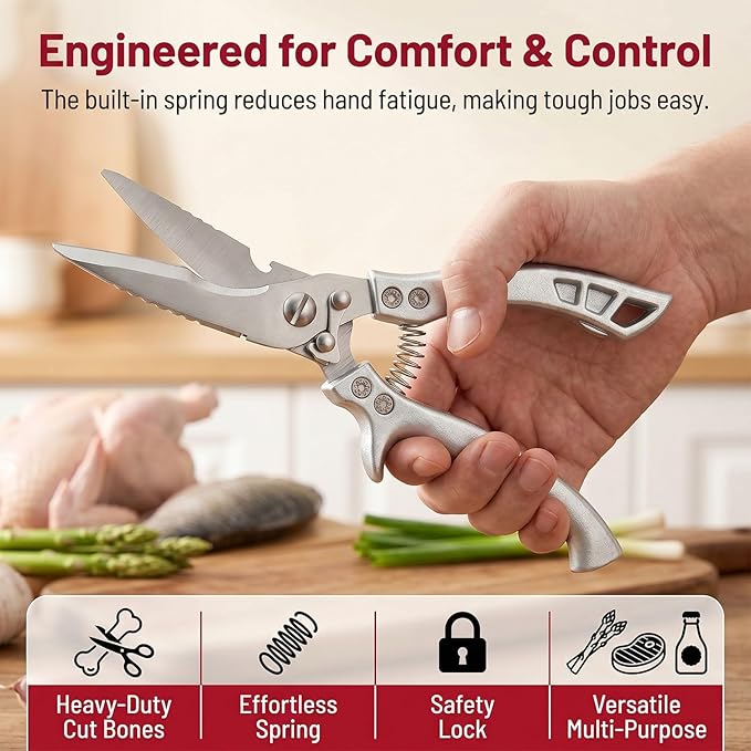 Upgrade Stainless Steel Bone-Cut Kitchen Scissors, Heavy Duty Kitchen Scissors, Professional Poultry Shears with Spring Loaded Handle for Bone, Meat, Chicken, Fish, Turkey, Vegetables (#A)