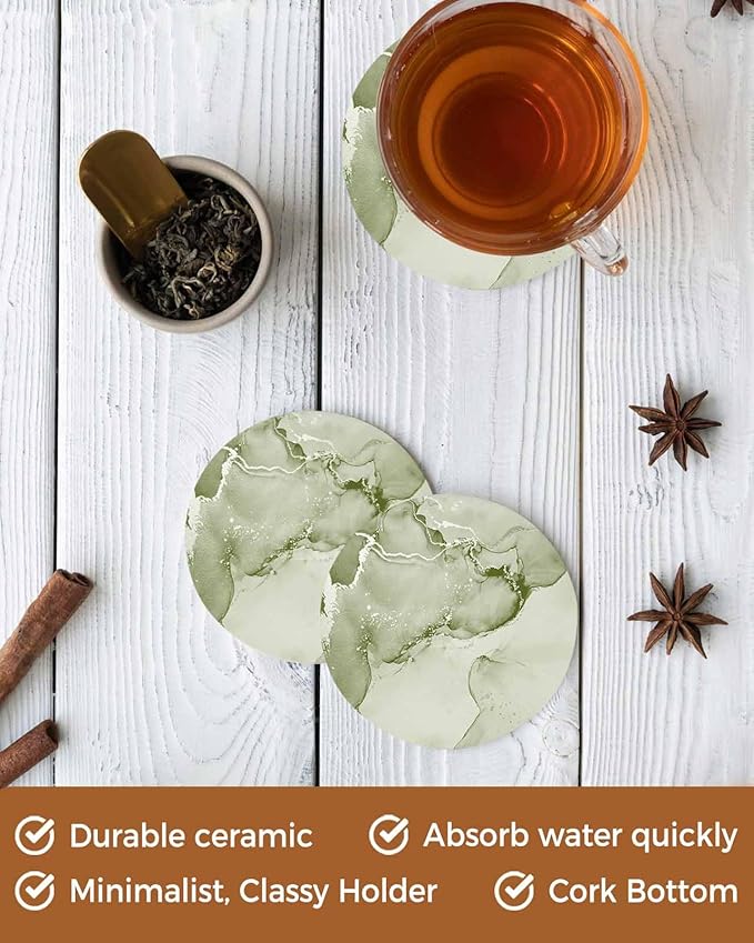 Coasters Set of 4 Sage Green Marble Drink Coasters with Holder Absorbent Stone Ceramic Cup Mat Abstract Waves Cloud Coaster for Drinks Coffee Bar Office Kitchen Cafe Home Table Decor