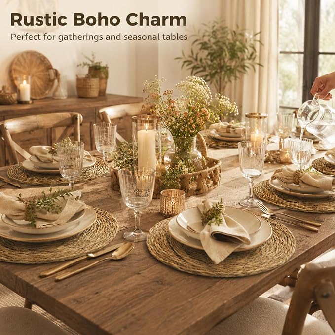 Woven Placemats Set of 6 with Water Hyacinth Basket, Round Natural Handwoven Place Mats Heat Resistant Table Mats for Dining Table Farmhouse Boho Kitchen Table Decor