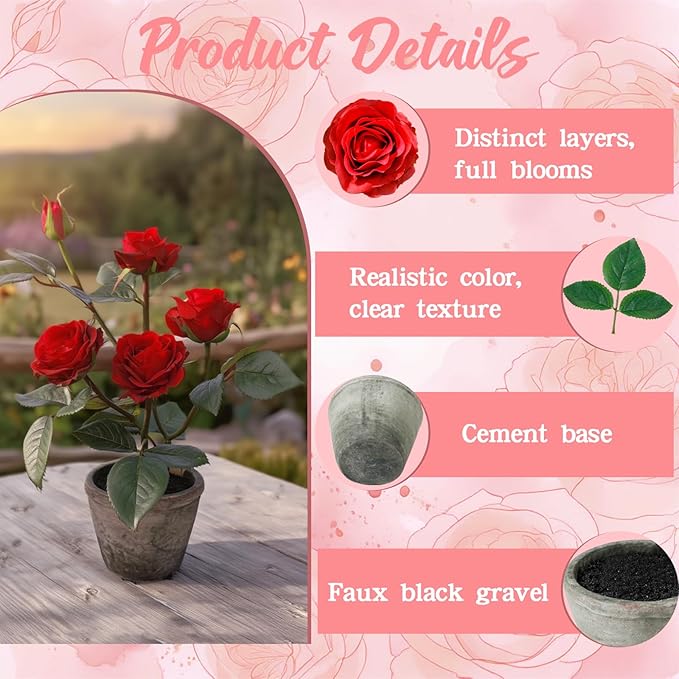 Rose in Pot Decor Potted Artificial Flowers Mini Plants Faux Flowers Indoor Small Decor Fake Roses for Home, Bathroom, Kitchen, Offices, Wedding Party Centerpieces (Rose Red)