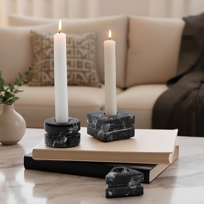 Marble Candle Holder Set of 3, Handmade Zebra Black Stone Candlestick Holders, Minimalist Taper Candle Stand, Decorative Table Decor for Living Room & Dining, Centerpiece, Housewarming & Wedding Gift