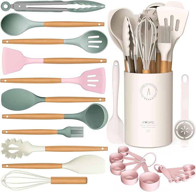 Silicone Cooking Utensils Set - AVGPD Silicone Kitchen Utensils for Cooking Wooden Handles, 446°F Heat Resistant Kitchen Utensil Spatula Sets, Gadgets for Non-Stick Cookware BPA FREE (Multicolour)