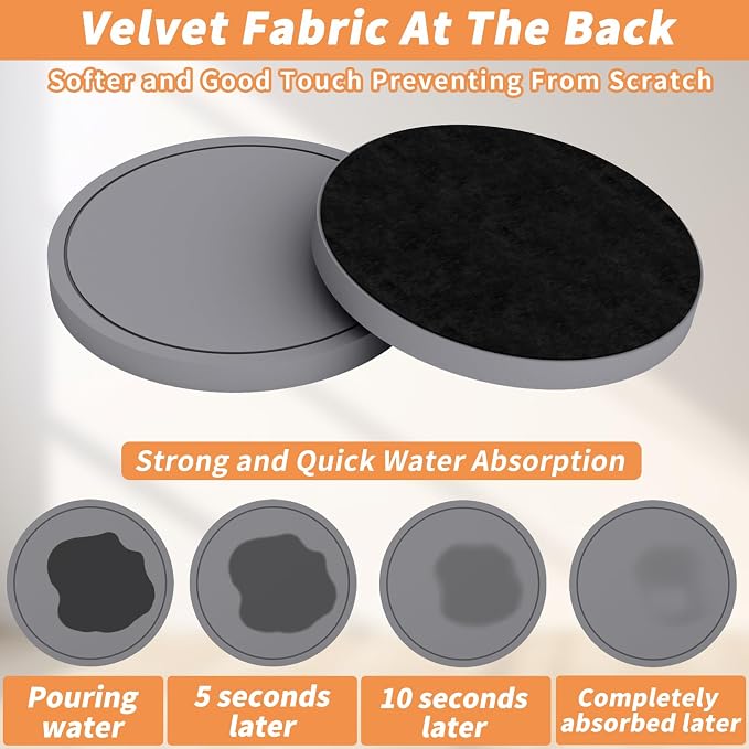 Azhou 6Pcs Super Absorbent Diatomaceous Earth Coasters Set with Holder - Quick-Dry 4 Inch Grey Coasters for Drinks, Heavy Duty Stone Coaster with Velvet Base, Scratch-Proof Home Decor for Coffee Bar