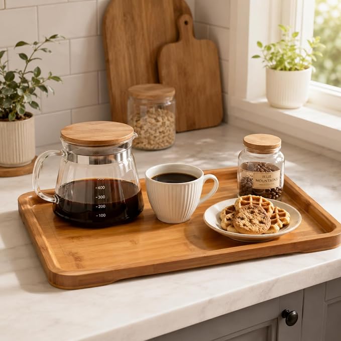 Bamber Large Bamboo Serving Tray Decorative Coffee Tea Platter 18 x 13 x 1.2 Inches