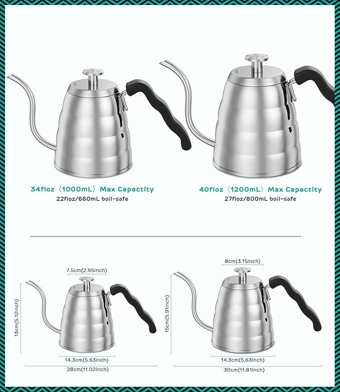 Coffee Gator Gooseneck Kettle with Thermometer - 40oz Premium Stainless Steel Pour Over Coffee Maker Kettles, Stove Top, w/Precision Drip Spout, for Drip Coffee, French Press, Tea Kettle, 5 Cup, 1.2L