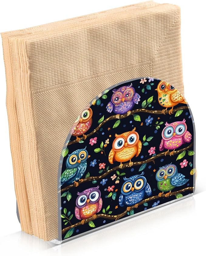 Napkin Holder Acrylic Napkin Holder for Table Kitchen Party Restaurant U Shaped Upright Napkin Dispenser Organizer Vibrant Owls Branches Flowers Spring