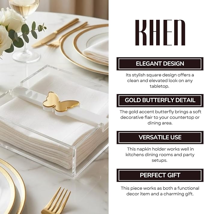 Butterfly Napkin Holder, Single Piece, Clear White Acrylic Square Paper Dispenser for Kitchen Countertop Dining Table Serving Tray, Modern Home Decor Organizer Gift Parties and Everyday Use