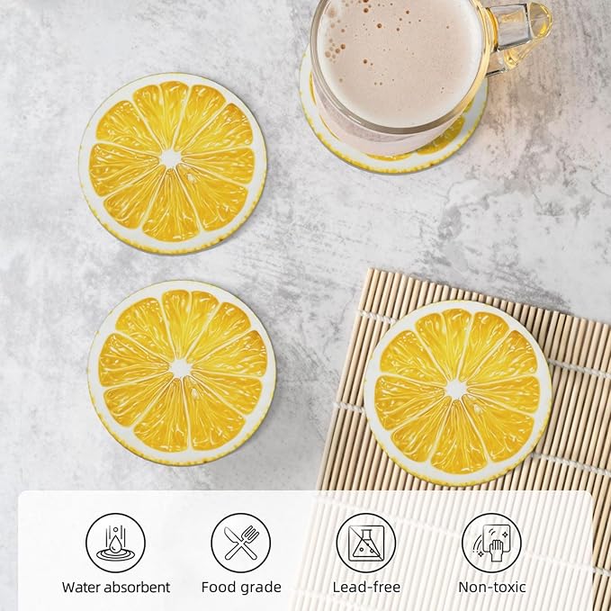 Lemon Yellow Coasters Set of 4 Absorbent Ceramic Coasters for Drinks Modern Cup Coaster with Cork Backing Cute Stone Coaster Housewarming Gifts 4.1 Inches