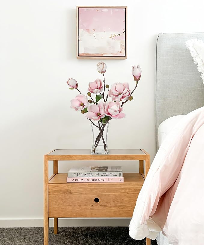 Briful Artificial Magnolia Flower Arrangement with Glass Vase, 18.5in Pink Faux Magnolia Flowers Fake Floral Centerpiece for Eleglant Home Office Room Table Shelf Décor
