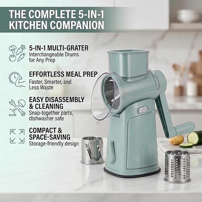 Rotary Cheese Grater Hand Crank, 10-Blade Shredder with Handle, Vegetable Slicer Mandoline Food Chopper, Strong Suction Base Kitchen Gadget for Cheese Vegetables Nuts – Green
