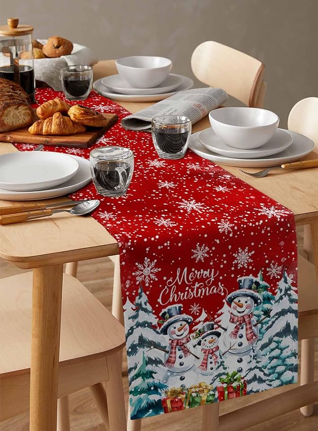 Christmas Table Runner - 72 Inch Long, Snowman Dining Tablerunner Xmas Tree Kitchen Dresser Scarves, Winter Snowflake Farmhouse Red Merry Christmas Decor for Coffee Table Wedding Party Banquet
