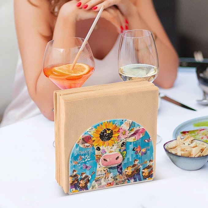 Fustylead Cute Cow with Sunflower Butterfly Napkin Holder for Table Acrylic Vertical Napkin Holders for Paper Napkins Decor Napkin Dispenser for Home Party Dining Cocktail Kitchen Accessories, 2 Pack