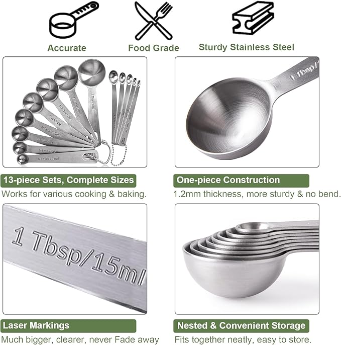 Measuring Spoons, 13 PCS Stainless Steel Measuring Spoons Set Includes Teaspoon & Tablespoon, Metal Measuring Spoons for Dry & Liquid Ingredients, Mini Measuring Spoon Set for Cooking and Baking