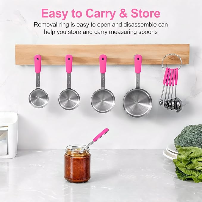 Bopei Measuring Cups and Spoons Set Stainless Steel 10 Piece for Cooking and Baking (5 Cups + 5 Spoons, Pink Handle)