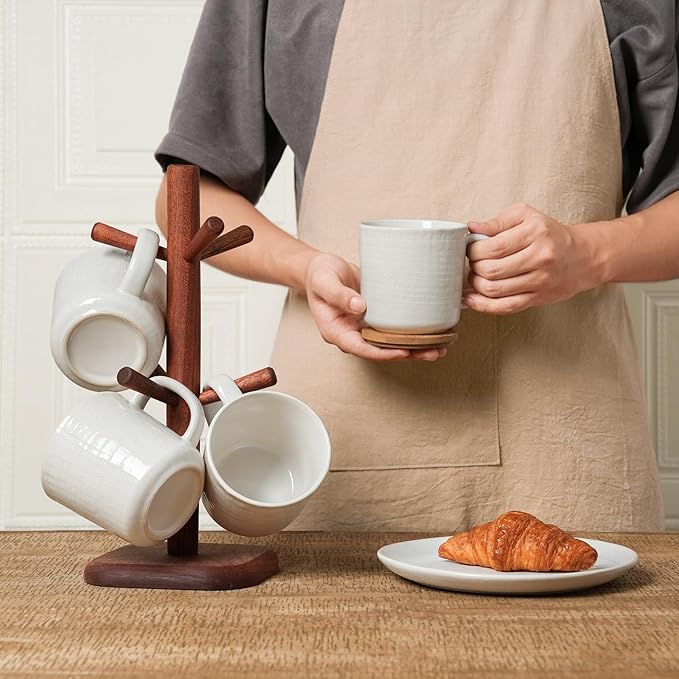 famiware Moonlight Coffee Mug Set of 4, 14oz Mug Set with Linen Finish, Coffee Cup Set with Handle for Latte, Cappuccino, Tea, Hot Cocoa, Microwave and Dishwasher Safe, White