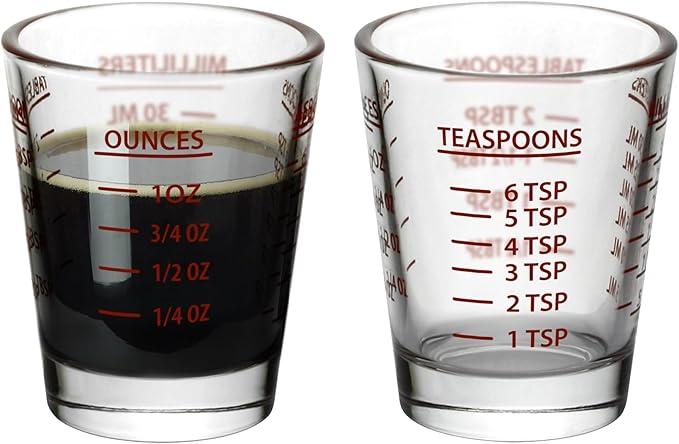 Versatile Heavy-Duty Glass Measuring Shot Glasses - Easy Read for Cooking, Espresso, and Medicine, 1 Ounce, 6 Teaspoons, 2 Tablespoons, 30Milliliters, Dishwasher Safe, 2-Pack