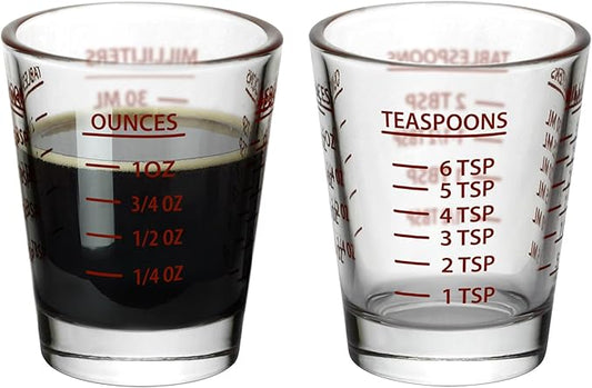 Versatile Heavy-Duty Glass Measuring Shot Glasses - Easy Read for Cooking, Espresso, and Medicine, 1 Ounce, 6 Teaspoons, 2 Tablespoons, 30Milliliters, Dishwasher Safe, 2-Pack