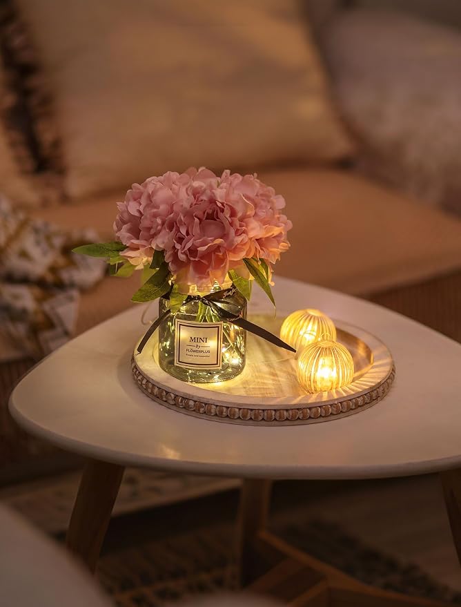 BLOSMON Pink Artificial Flowers in Vase: Fake Hydrangea with Gray Vase LED Light for Table Centerpieces Decor - Small Faux Arrangements Desk Vanity Bathroom Office Decoration (8.2" Height)