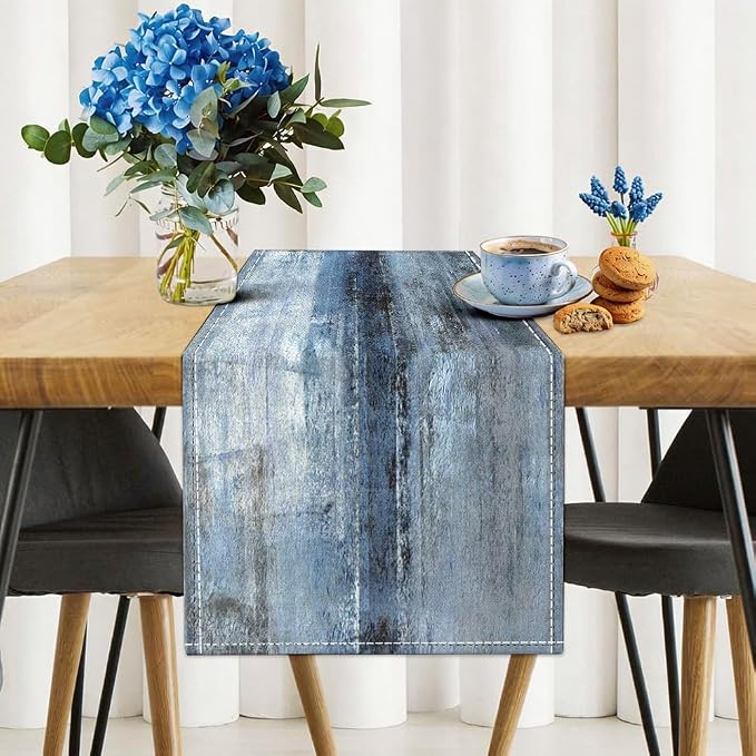 Niviy Dark Blue Wood Grain Linen Table Runner, 12x72 Inch Washable Table Runners Easy to Clean Kitchen Table Decor for Holiday Party Kitchen Dining Table Decoration