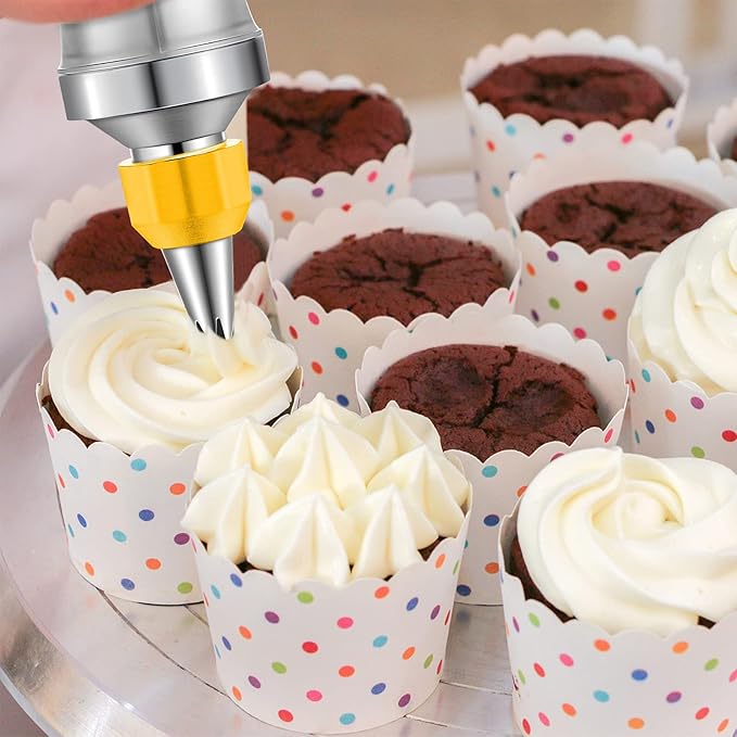 Patelai Cake Decorating Syringe Set, Stainless Steels Dessert Frosting Piping Kit with 6 Icing Piping Tips 3 Cream Scraper for Cupcake Decorating Tools(Yellow, White)