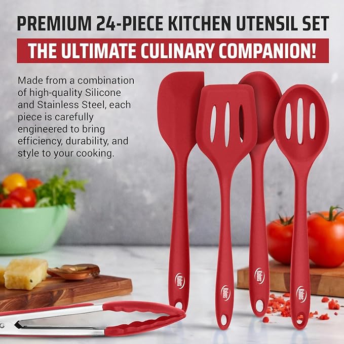 Kaluns Silicone Kitchen Utensils Set 24 Pcs Cooking Utensils Set - Can Opener, Masher, Turner, Spatula 446°F Heat Resistant Non-Stick - Premium Silicone and Stainless Steel Utensil Set