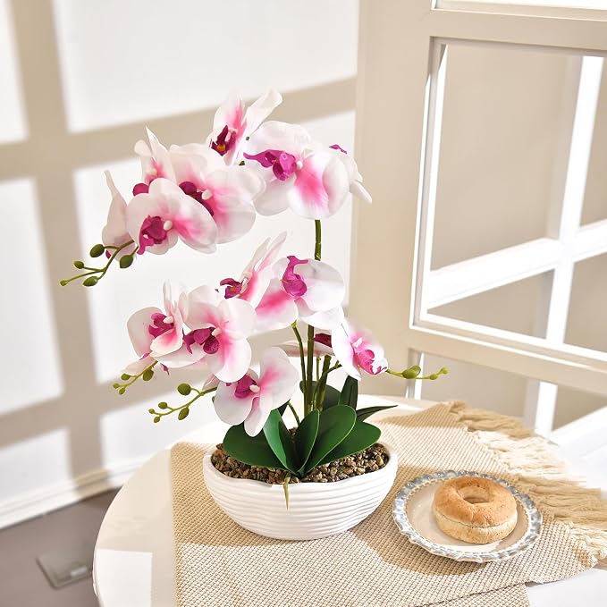 19" H Phalaenopsis Faux Orchid Plant Silk Orchid Centerpiece Artificial Floral Arrangement in Ceramic Pot (White and Pink)