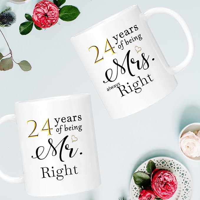 24th Anniversary Coffee Mugs Set of 2, 24 Year Anniversary Wedding Gifts Decorations for Couple Parents Men Women Husband Wife Him Her, Gift Box Packaging, 11oz
