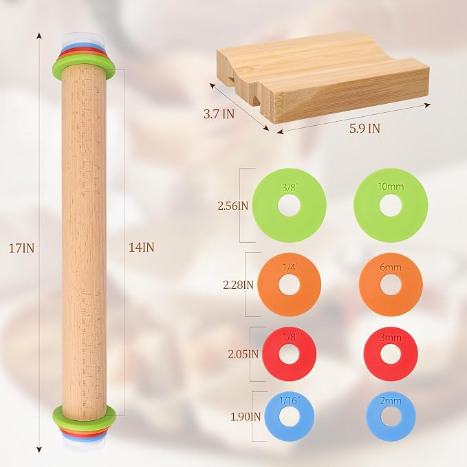 Adjustable Rolling Pin with Thickness Rings -17INCH Wood Dough Roller for Perfect Baking, Fondant & Cookies Ideal Rolling Pin for Dough & Cookie Decorating Supplies