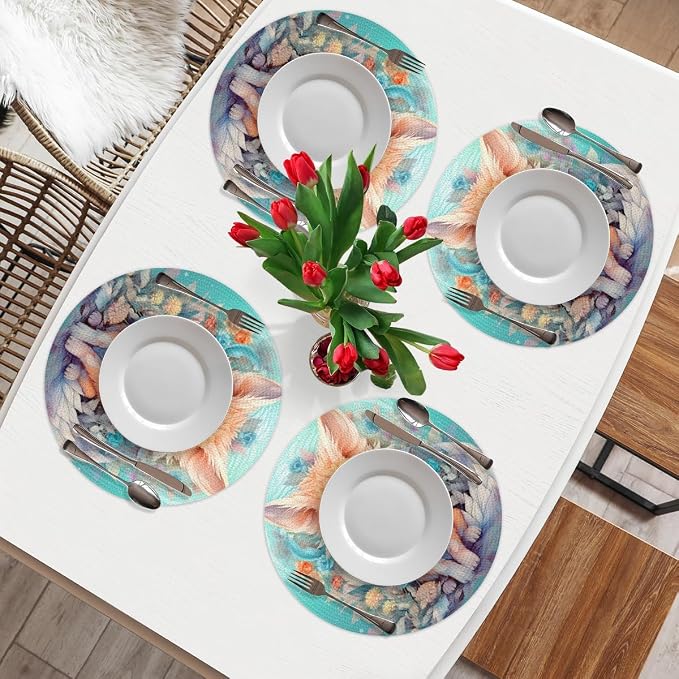 Round Placemats Set of 4, Watercolor Cute Animal Fox Flowers Woven Placemats Mats Non-Slip Heat Resistant Washable Table Mats Round Braided Place for Farmhouse Kitchen Dining Party Decor 15in