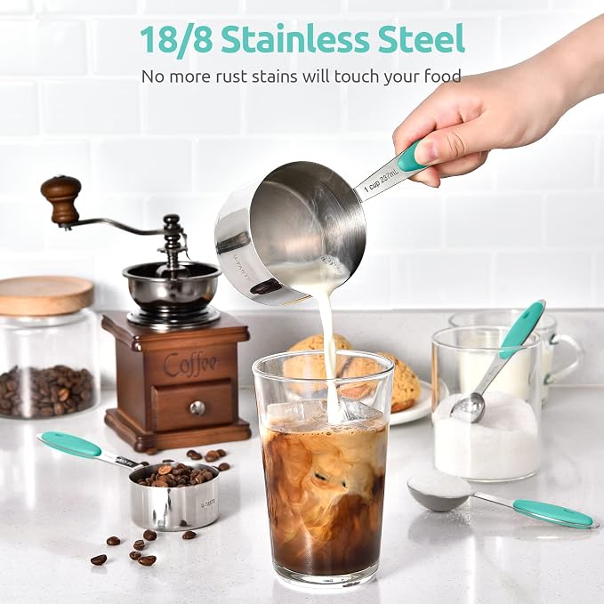 U-Taste 18/8 Stainless Steel Measuring Cups and Spoons Set (Set of 12,Multicolor), and 600℉ Heat Proof Long & Wide Silicone Solid & Slotted Turner for Egg, Pancake (Set of 2, Aqua Sky)