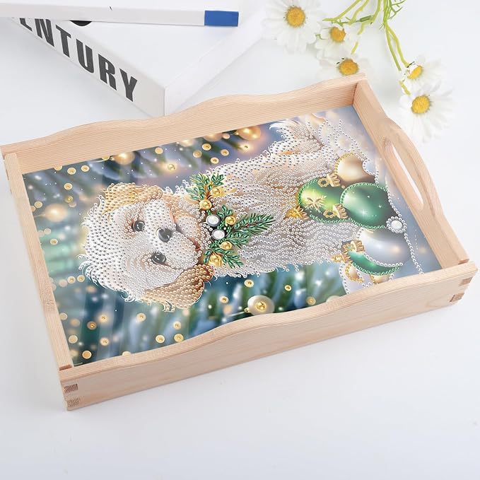 DIY Diamond Serving Tray Rectangular Breakfast Tray with Handle Handmade Diamond Art Painting Wooden Tray for Dinner Plate Coffee Room Living Home Organizer-Puppy