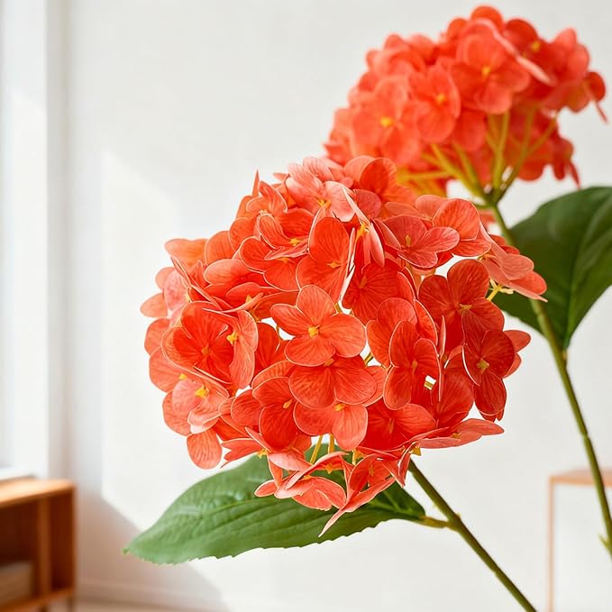 A Bunch 21in, Orange Real Touch Hydrangea Artificial Flowers, with 10pcs Flower Head 20pcs Leaves, Faux Hydrangea Flowers for Home Office Decor Wedding Party Arrangements (2, Orange-red)