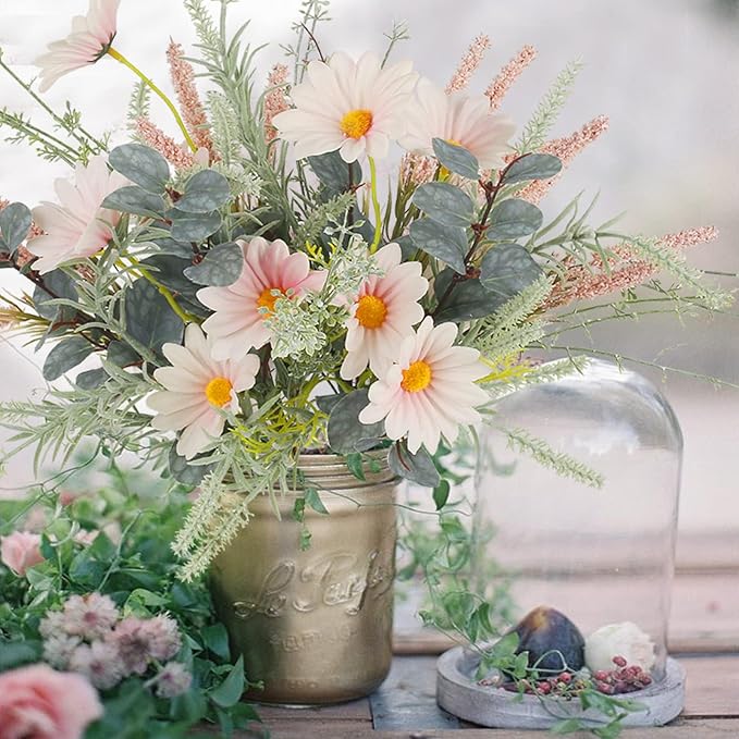2 Bundles Artificial Wildflowers Fake Daisy Flowers Bouquet Silk Flower with Stems Faux Daisies Eucalyptus Pink Floral Arrangement for Table Centerpieces Home Indoor Summer Decoration