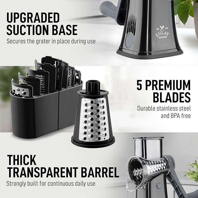 Zulay Kitchen Rotary Cheese Grater 5 Blade Cheese Shredder - Manual Hand Crank Cheese Grater With Reinforced Suction & 5 Interchangeable Drums - Easy to Use, Vegetable Chopper Round Mandoline Slicer