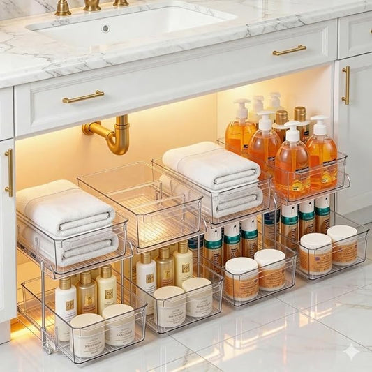 Masirs 2-Tier Clear Pull-Out Drawer Organizer - Sleek, Compact & Sturdy Makeup and Closet Organizer - Easy Assembly Kitchen Storage Solution, Ideal for Makeup, Tools, Medicines 4-Pack