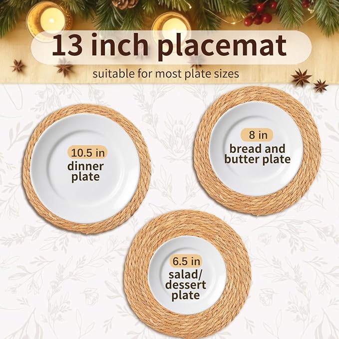 Round Woven Placemats Set of 6, 13 Inch Boho Rattan Placemats, Rattan Chargers for Dinner Plates Natural Farmhouse Rustic Wicker Placemat for Dining Table Decor