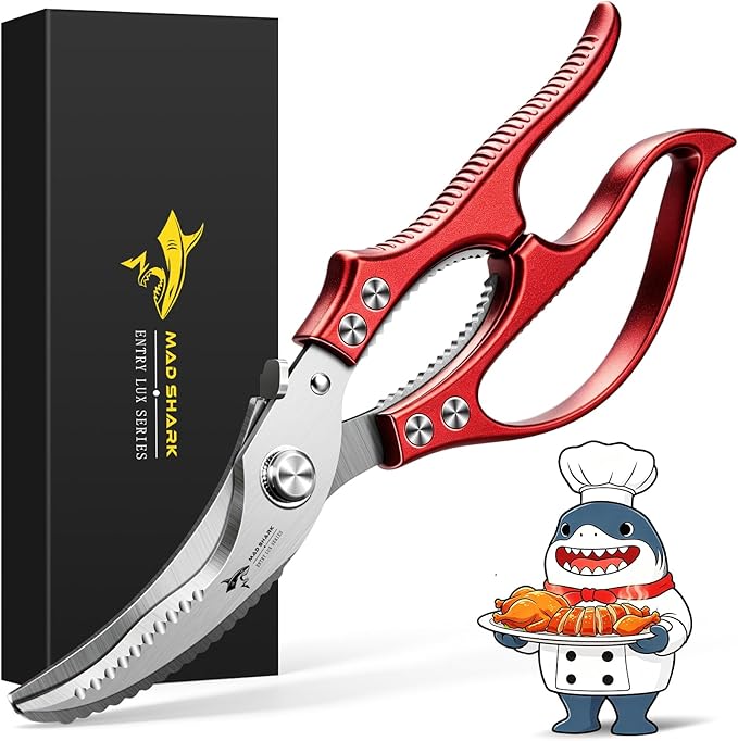 MAD SHARK Professional Heavy Duty Poultry Shears - Kitchen Shears for Spatchcocking Chicken and Meat Cutting, Multi-Purpose Kitchen Scissors for Food, Spring-loaded (Red)