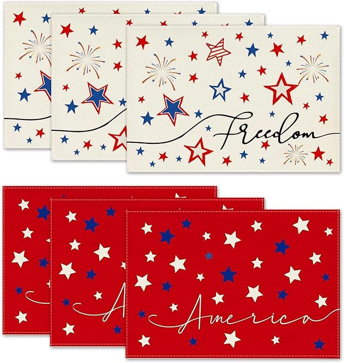 Niviy 250th Anniversary USA Placemats, Red Blue Stars Fireworks Patriotic Placemats Set of 6, 12x18 Inch Memorial Day Independence Day Table Mats for Holiday Party Kitchen Dining Room Decoration