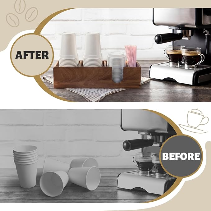 Novabright 4 Compartments Coffee Cup Holder for Countertop Cup Lid and Straw Dispenser Coffee Station Organizer Bar Accessories for Breakroom Restaurant, 15.3 x 4.7 x 4(Wood Color,Acacia Wood)