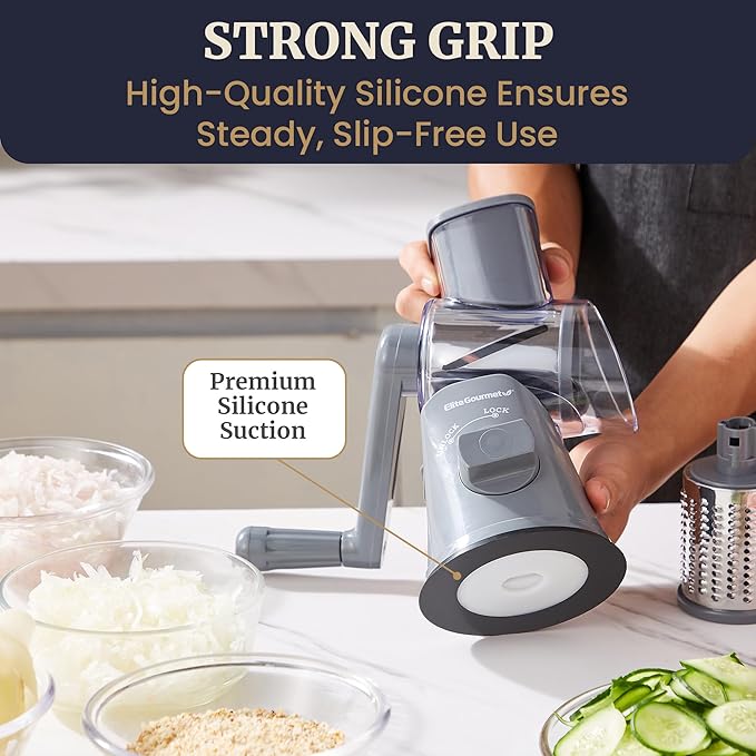 Elite Gourmet EFP593 Rotary Cheese Grater with 3 Stainless-Steel Blades for Slicing, Shredding & Fine Shredding, Strong Suction Base, Dishwasher-Safe, Grey
