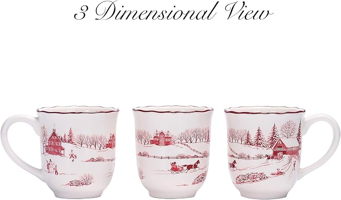 Bico Toile De Jouy Winter Wonderland Ceramic Mug Set of 4, Christmas Coffee Mugs, 16oz Holiday Cups for Tea, Cocoa, or Hot Drinks, Microwave & Dishwasher Safe