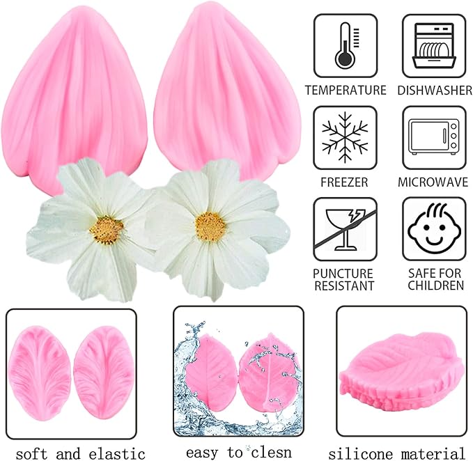 ZiXiang Gumpaste Flower Silicone Veining Mold Rose Veined Fondant Molds Gum Paste Peony Flower Mold Plumeria Daisy Orchid Molds For Sugar Craft Cake Decorating Candy Polymer Clay Set Of 6