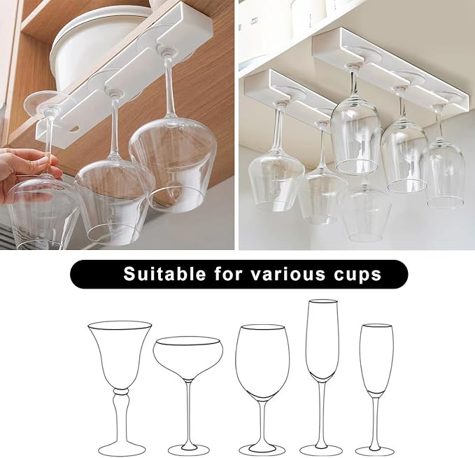 Wine Glass Holder, 2 Pack, No Drilling Required, Hanging Stemware Rack Organizer for Bar Cabinet Kitchen, White