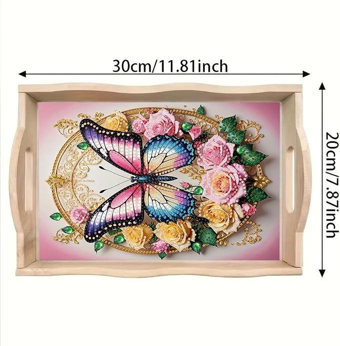 BAYUNOE DIY Diamond Serving Tray Rectangular Breakfast Tray with Handle Handmade Diamond Art Painting Wooden Tray Spring Creative Dinner Plate Coffee Room Living Home Organizer-Rose Butterfly