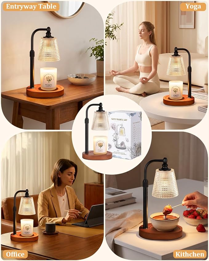 Hong-in Candle Warmer Lamp with Timer Dimmer, Birthday Gifts for Women, House Warming Gifts for New Home, Vintage Room Decor, Adjustable Height Candle Lamp, Wax Warmer for Scented Jar Candles, Walnut