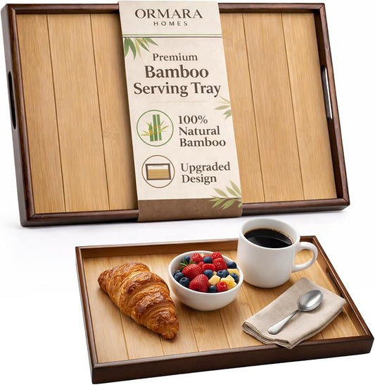 Bamboo Serving Tray with Handles (16 Inches) - Wooden Ottoman Tray for Coffee Table, Breakfast in Bed, Charcuterie - Decorative Food Tray for Living Room, Kitchen and Home Decor