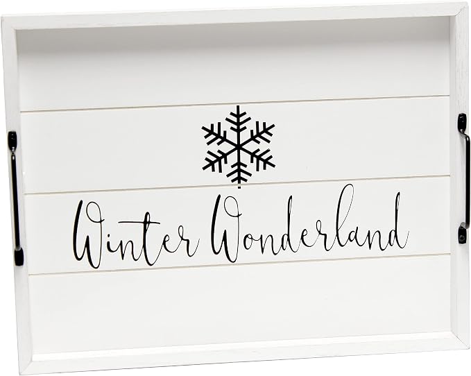 Elegant Designs HG2000-WWW Christmas Decoration Decorative Wood Serving Tray w/Handles, 15.50'' x 12'', Winter Wonderland, White
