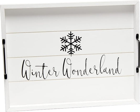 Elegant Designs HG2000-WWW Christmas Decoration Decorative Wood Serving Tray w/Handles, 15.50'' x 12'', Winter Wonderland, White